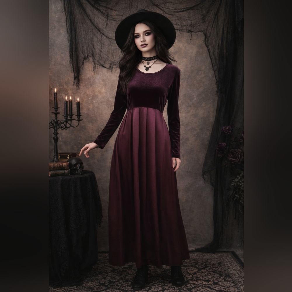 Vintage 90s Velvet Satin Maxi Dress 8P  Red Burgundy Whimsigoth Gothic Witchy - Picture 2 of 16